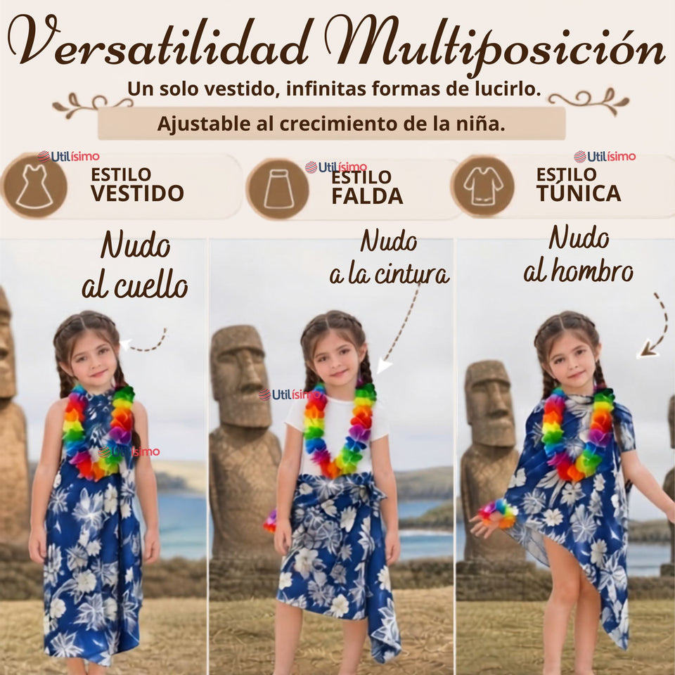 Traje Pareo Pascuense Hawaiano Azul con Collar Niña Fiestas Patrias