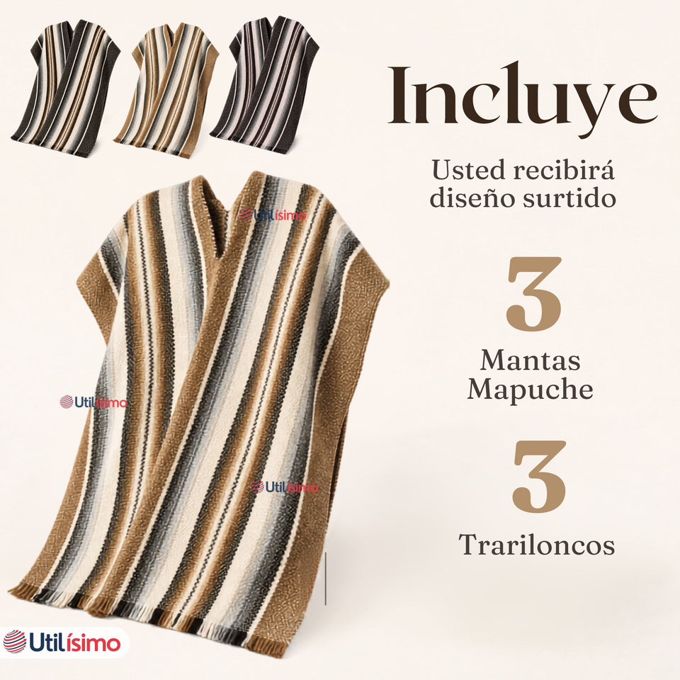 Pack 3 Poncho Manta Mapuche Juvenil Fiestas Patrias