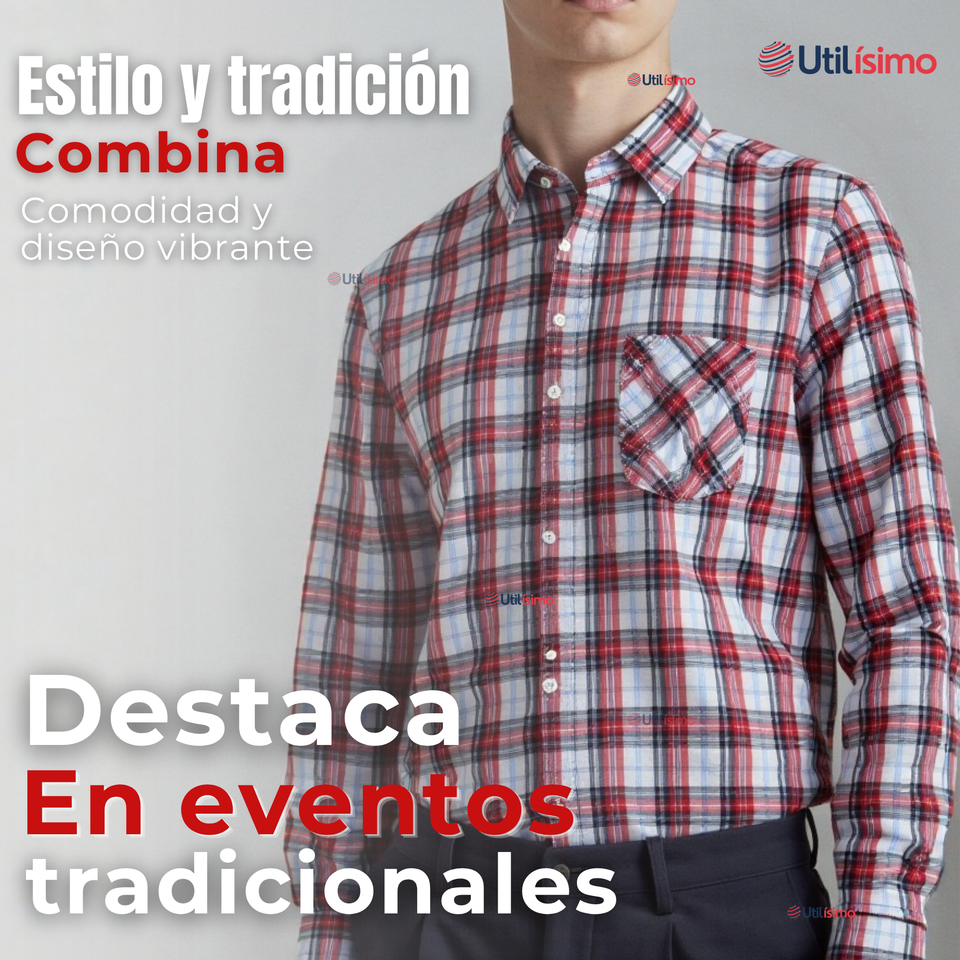 Camisa Huaso Cuadrillé Cuadro Manga Larga 100% Algodón Azul Blanco Casual