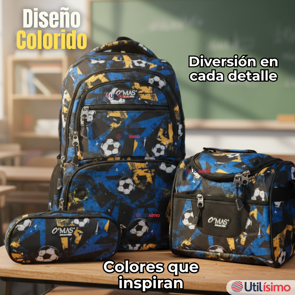 Mochila Escolar Kit Con Estuche y Lonchera 45cm Tela Oxford Futbol Niño