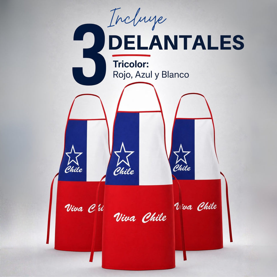 Pack 3 Delantales Pechera Viva Chile Bandera Chile Fiestas Patrias (Copia)