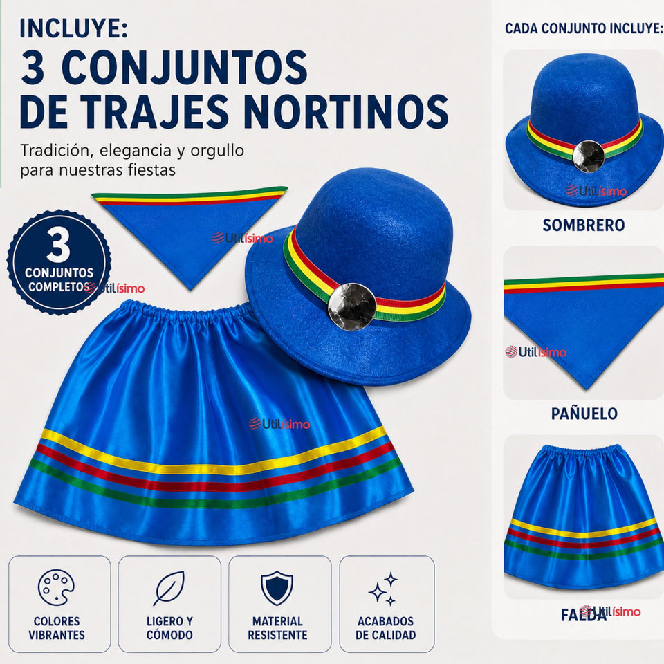 Pack 3 Trajes Nortinos Con Sombreros Niña Baile Típico 3 Piezas Fiestas Patrias Blue Beauty