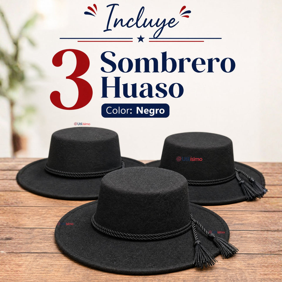 Pack 3 Sombrero Huaso Negro Tradicional Para Fiestas Patrias