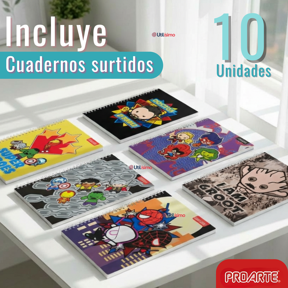 Pack 10 Cuadernos Universitarios Marvel Heroes 100 Hojas Proarte Diseño Surtido