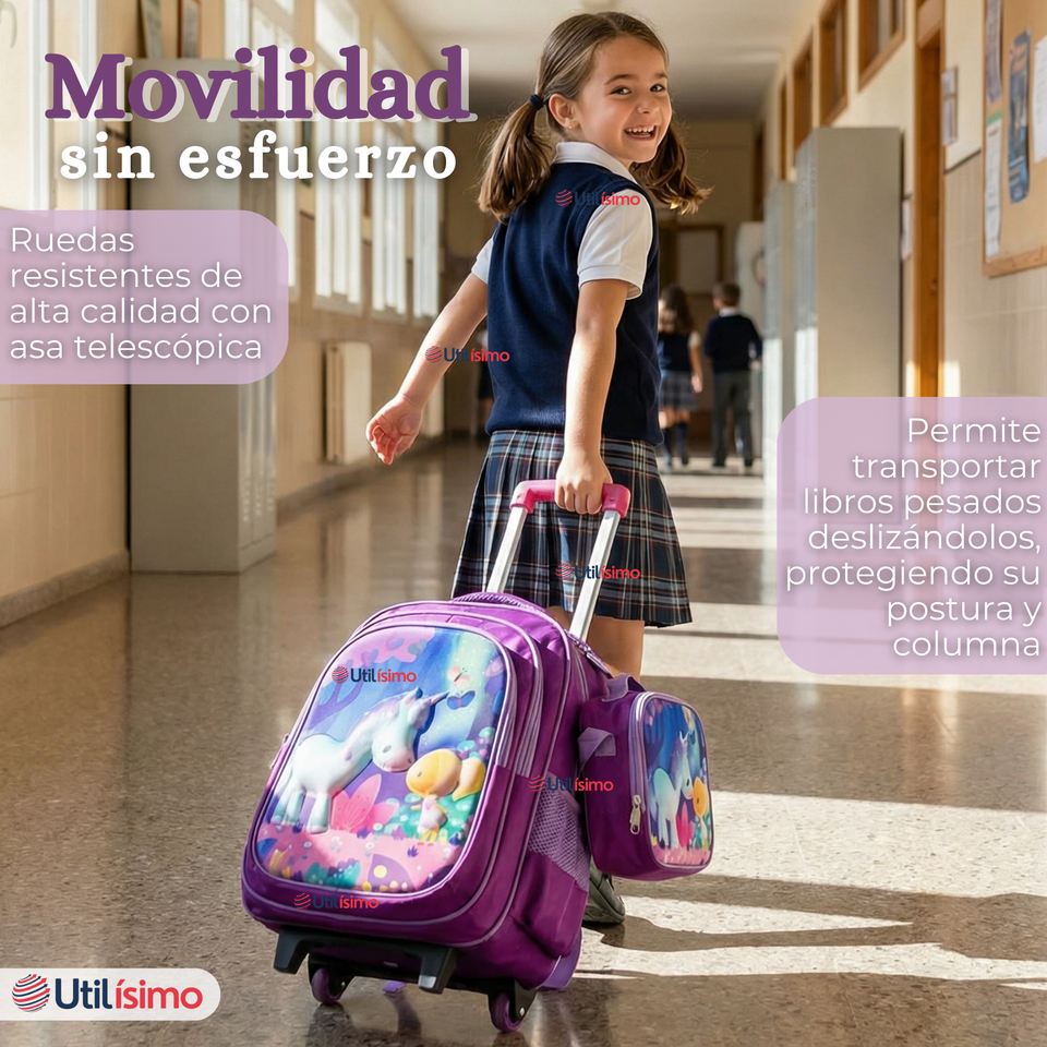 Mochila Escolar Con Ruedas + Estuche + Lonchera 46cm Desmontable Poliéster Morado Unicornio Niña