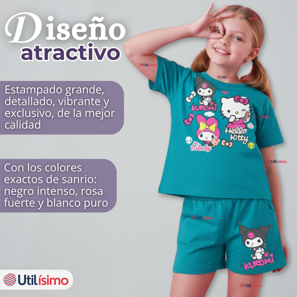 Conjunto Sanrio 100% Algodón Polera Pantalón Corto Niña Kuromi Hello Kitty My Melody