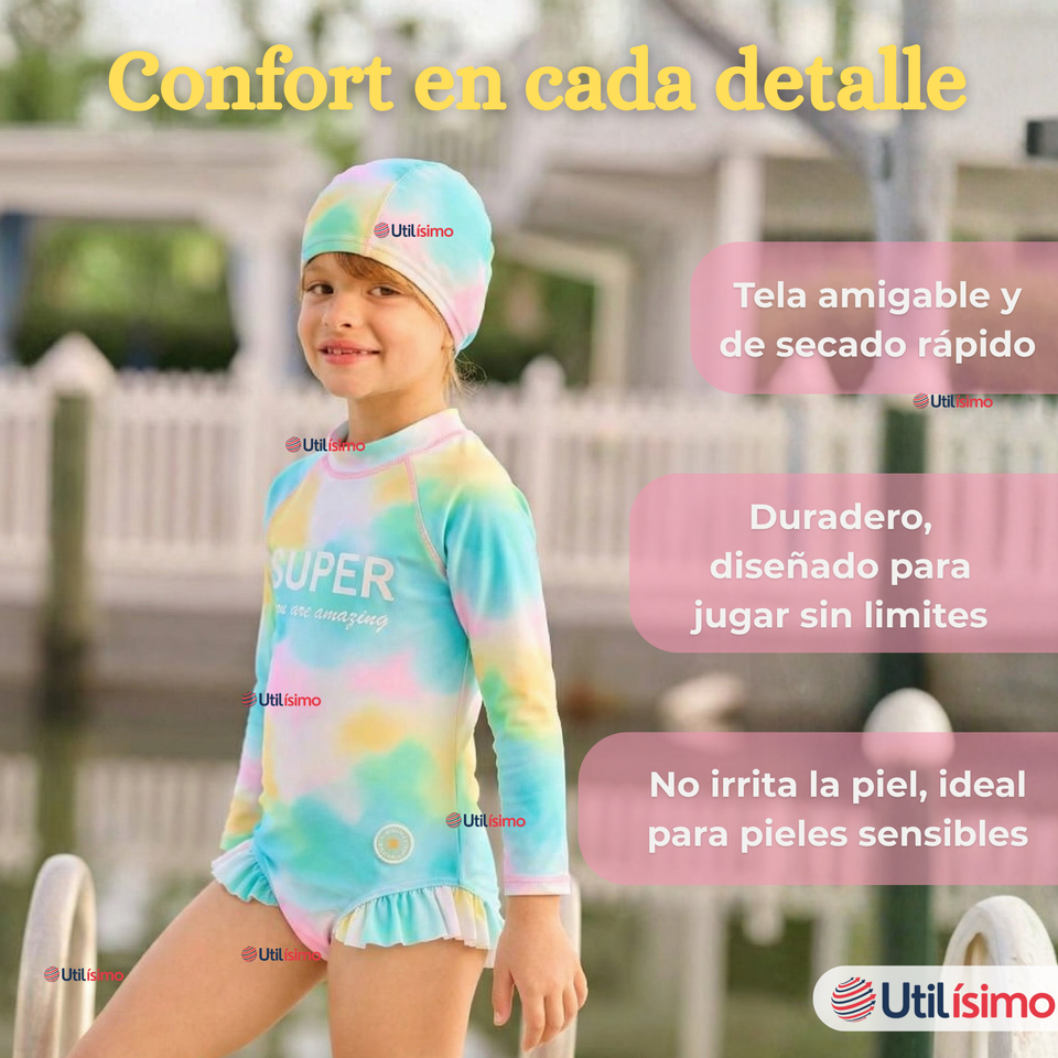 Traje De Baño Enterito Con Gorro Bebé Niña Protección Solar UPF 50+
