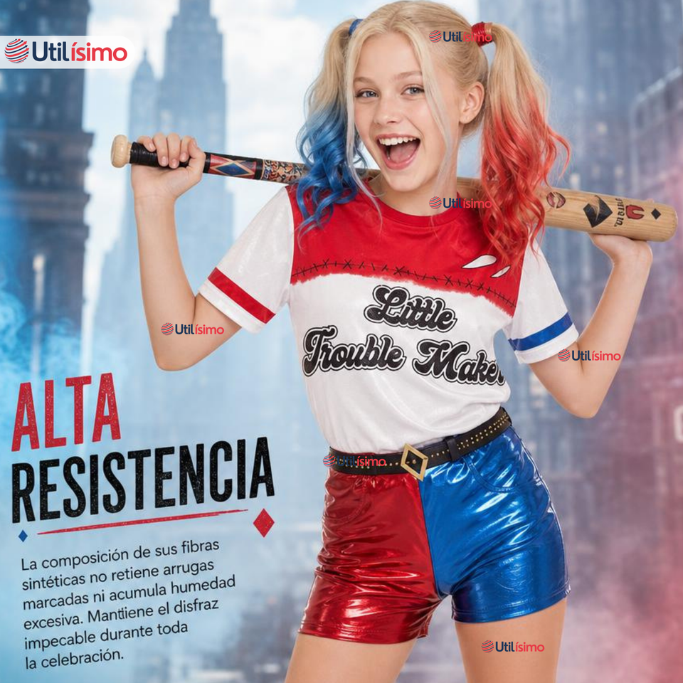 Disfraz Harley Quinn Azul y Rojo Metalizado Cosplay Juvenil