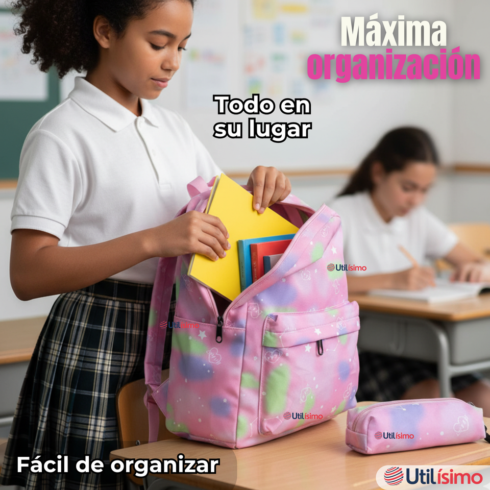 Mochila Escolar Kit Con Estuche y Lonchera 43cm Tela Oxford Niña