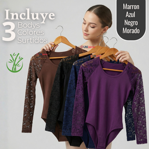 Pack 3 Bodys Cuello Redondo Manga Larga Con Encaje Bambú Mujer Colores Surtidos
