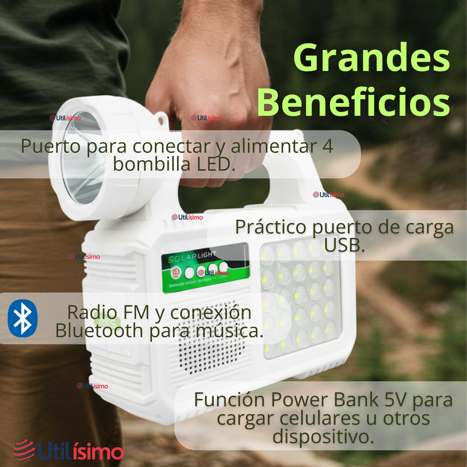 Kit Solar Camping Emergencia Con Radio-Parlante- Foco-Linterna 2 Ampolletas Recargable USB