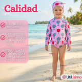 Traje de Baño Enterito Cremallera Manga Larga Con Gorro Niña 1 a 6 años Pink Flowers