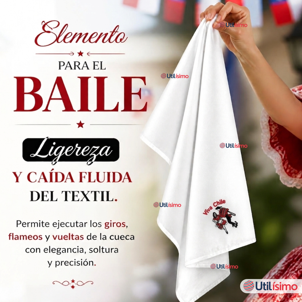 Pack 3 Pañuelos Baile Cueca 45cm Bordado Pareja Bailando Algodón Fiestas Patrias