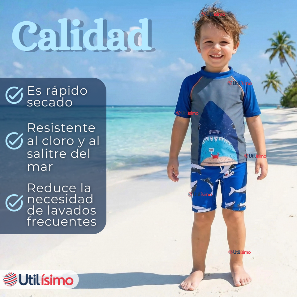 Traje de Baño Pantalón Corto Manga Corta 2 Piezas Corte Split Niño 2 a 4 años Blue Shark