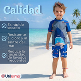 Traje de Baño Pantalón Corto Manga Corta 2 Piezas Corte Split Niño 2 a 4 años Blue Shark