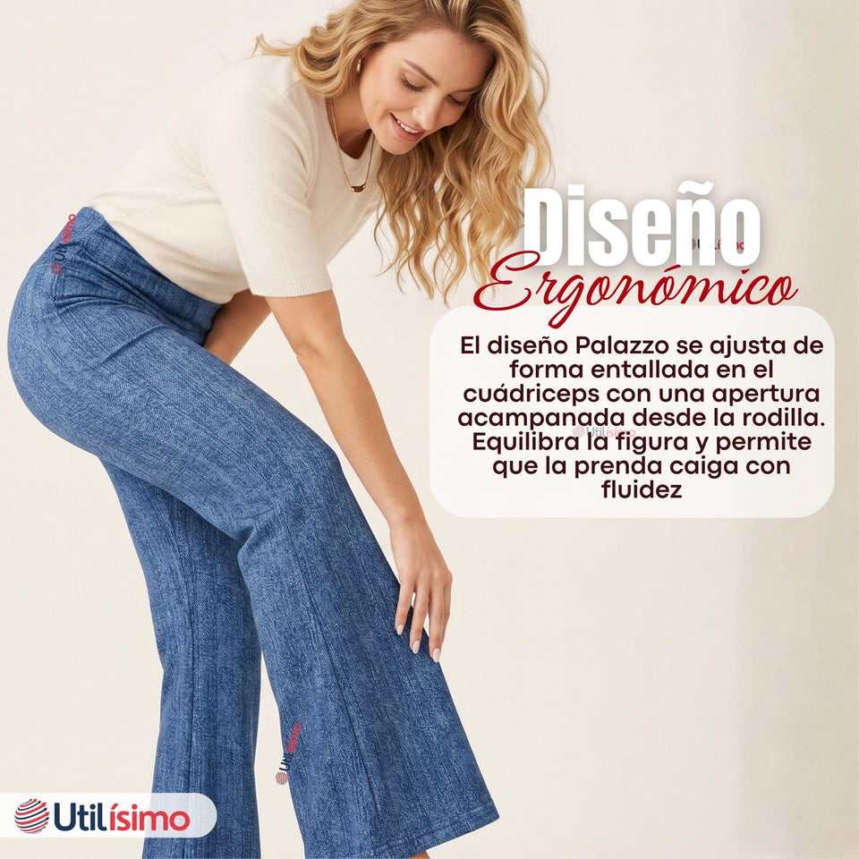 Calza Polar Con Chiporro Palazzo Mujer Elasticada Térmica Azul Jeans