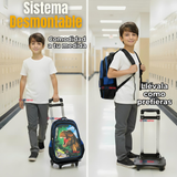 Mochila Escolar Con Ruedas + Estuche + Lonchera Poliéster Dinosaurio Niño