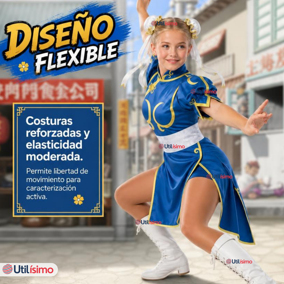 Disfraz Chun-Li Azul Completo Streef Fighter Cosplay Juvenil