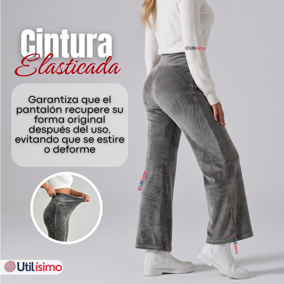 Pantalón Cotelé Palazzo Polar Con Chiporro Elasticado Térmico Gris Melange