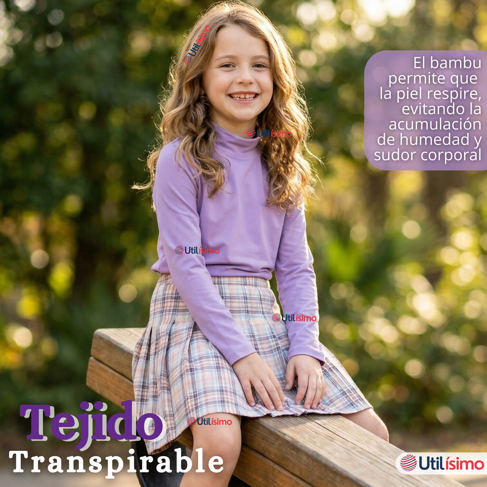 Pack 3 Poleras Camisetas Bambú Lilas Cuello Beatle Primera Capa  Manga Larga Niña