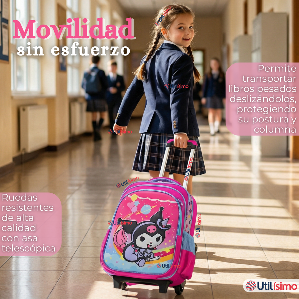 Mochila Escolar Kuromi 3D Con Ruedas Desmontable + Estuche + Lonchera Poliéster Rosa Niña