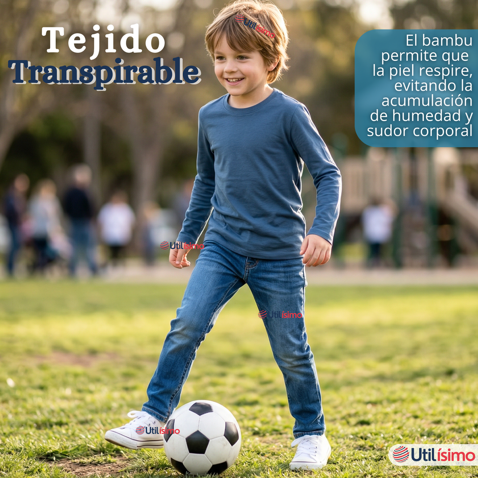 Pack 3 Poleras Camisetas Bambú Claro Oscuro Cuello Redondo Primera Capa Manga Larga Niño