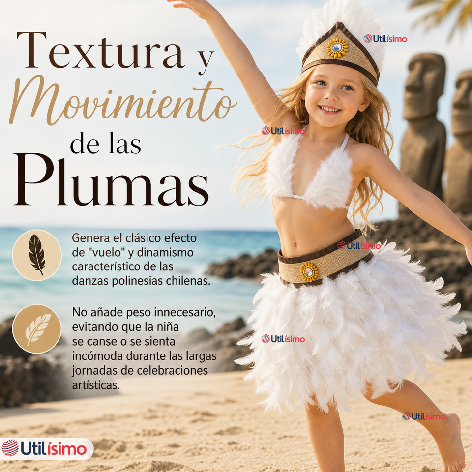 Traje Pascuense Típico Blanco Con Plumas 3 Piezas Niña Rapa Nui Fiestas Patrias