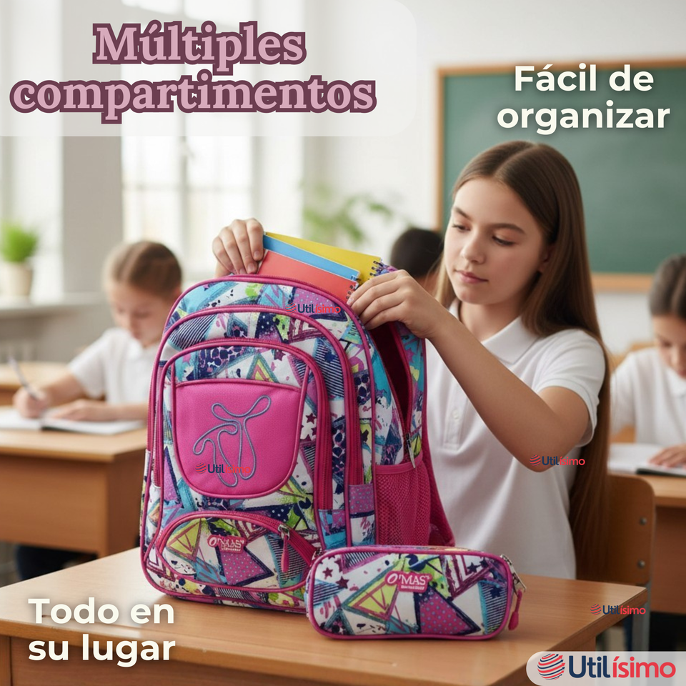 Mochila Escolar Con Estuche 43cm Tela Oxford Impermeable Niña