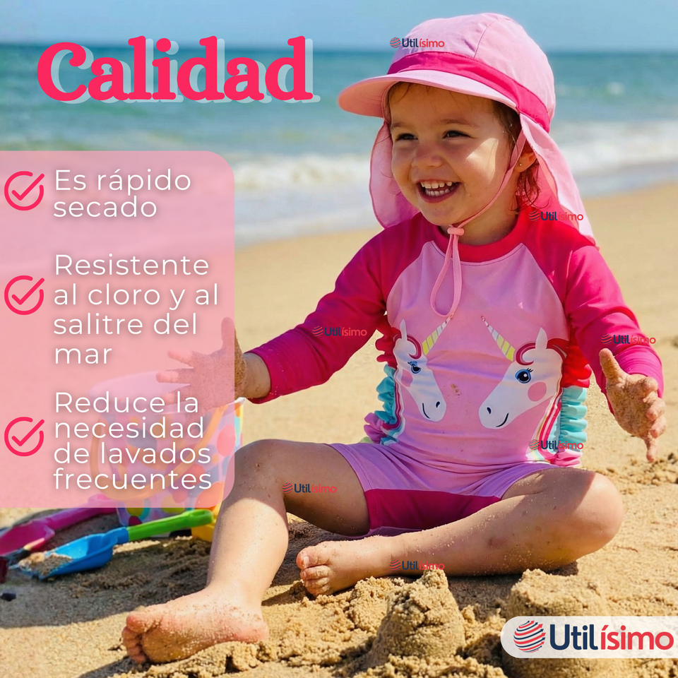 Traje de Baño Enterito Cremallera Manga Larga Con Gorro Niña 1 a 5 años Pink Unicorn