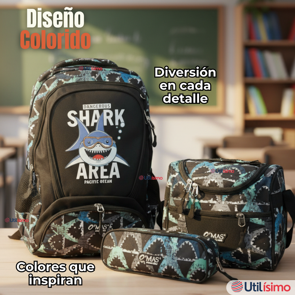 Mochila Escolar Kit Con Estuche y Lonchera 43cm Tela Oxford Baby Shark Niño