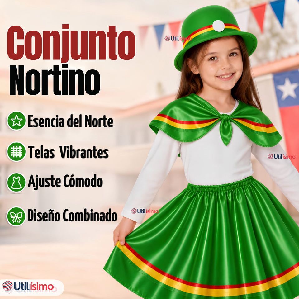Traje Nortino Niña Verde 4 Piezas Con Polera Baile Típico Fiestas Patrias