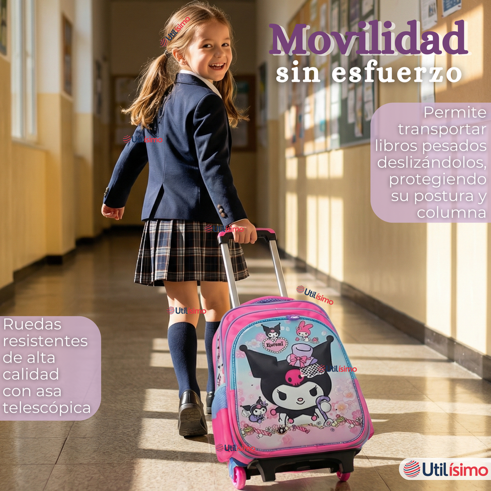 Mochila Escolar Kuromi 3D Con Ruedas Desmontable + Estuche + Lonchera Poliéster Rosa Niña