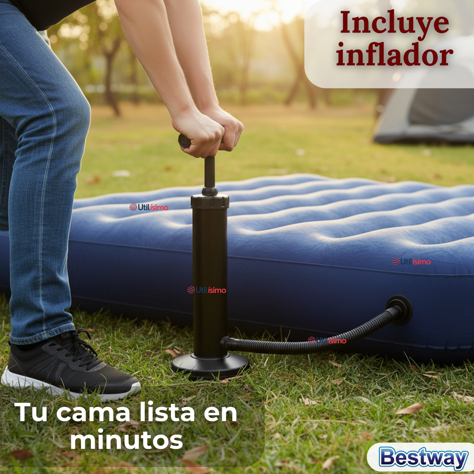 Colchón Inflable 2 Plazas Camping Más Inflador Y Dos Almohadas Bestway