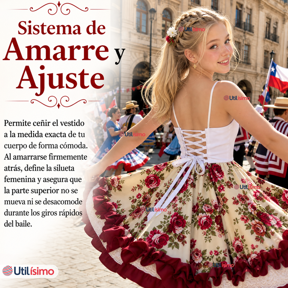 Vestido Chinita Huasa Juvenil 2 Piezas Burdeo Floreado Cueca Fiestas Patrias