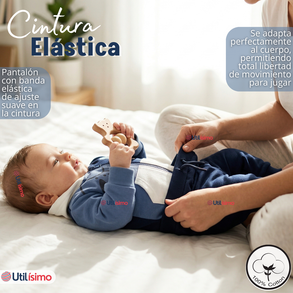 Conjunto 2 Piezas Buzo Pantalón Y Polerón Con Capucha De Algodón Azul Bebé Niño