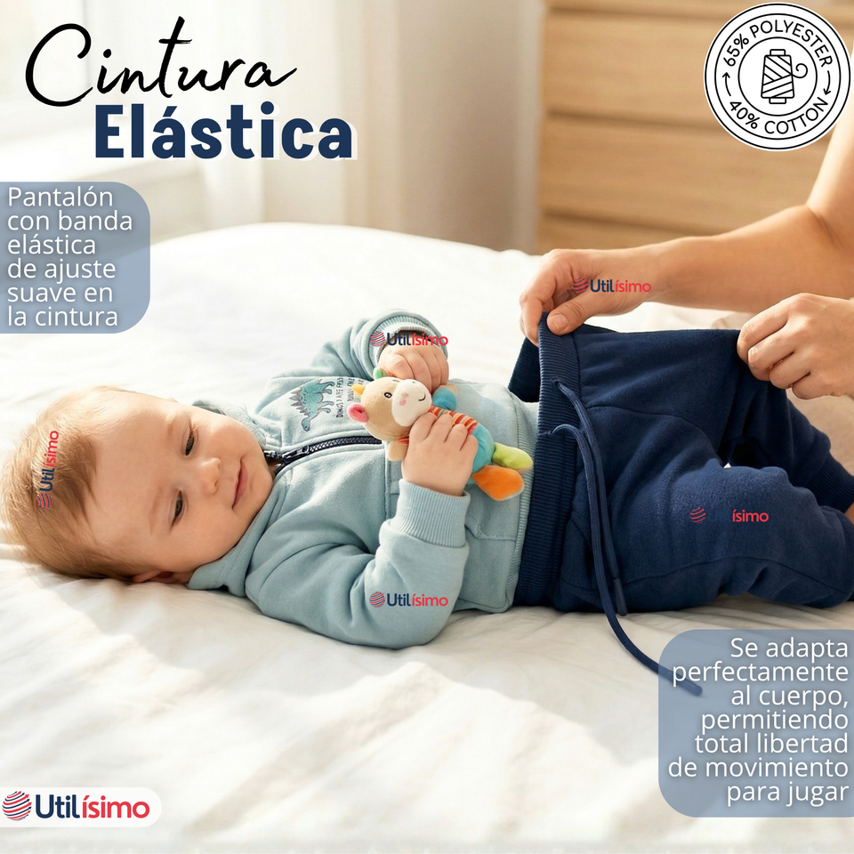 Conjunto 2 Piezas Buzo Pantalón Y Polerón Con Capucha Azul Dinosaurio Bebé Niño