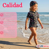 Traje de Baño Enterito Cremallera Manga Larga Con Gorro Niña 1 a 6 años Black