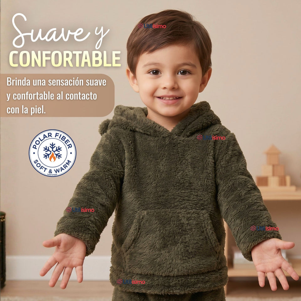 Buzo Polerón Conjunto Polar Niño Con Capucha Unicolor Verde Oscuro