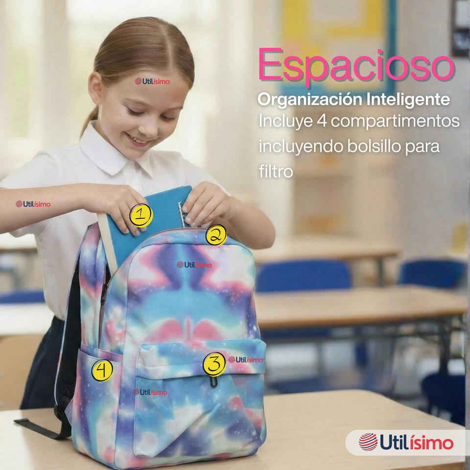 Mochila Bolso Escolar + Estuche + Lonchera 43Cm Niña Tela Oxford Lilac Galaxy