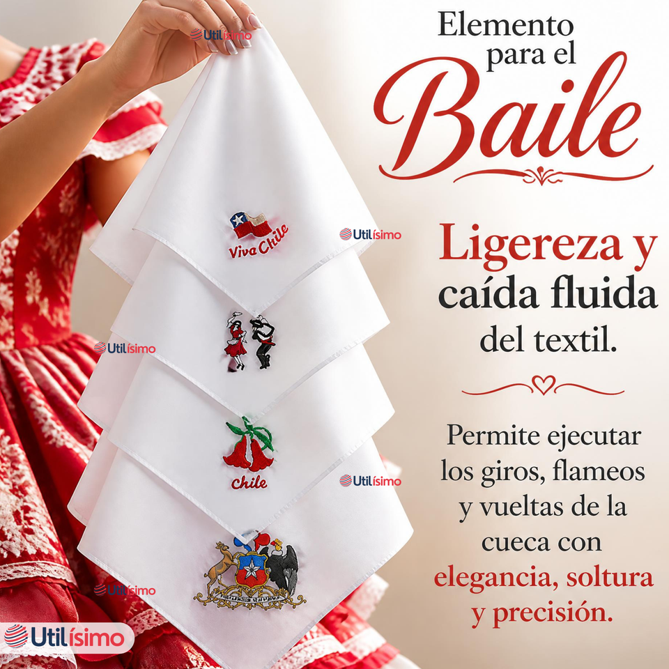 Pack 3 Pañuelos Baile Cueca 36cm Diseños Surtidos Algodón Fiestas Patrias
