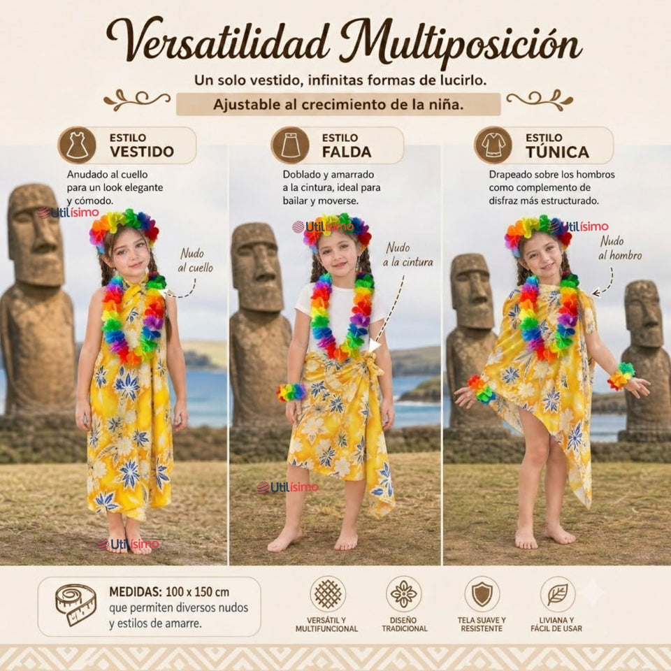 Traje Páscuense Pareo Hawaiano Amarillo Niña Con Accesorios