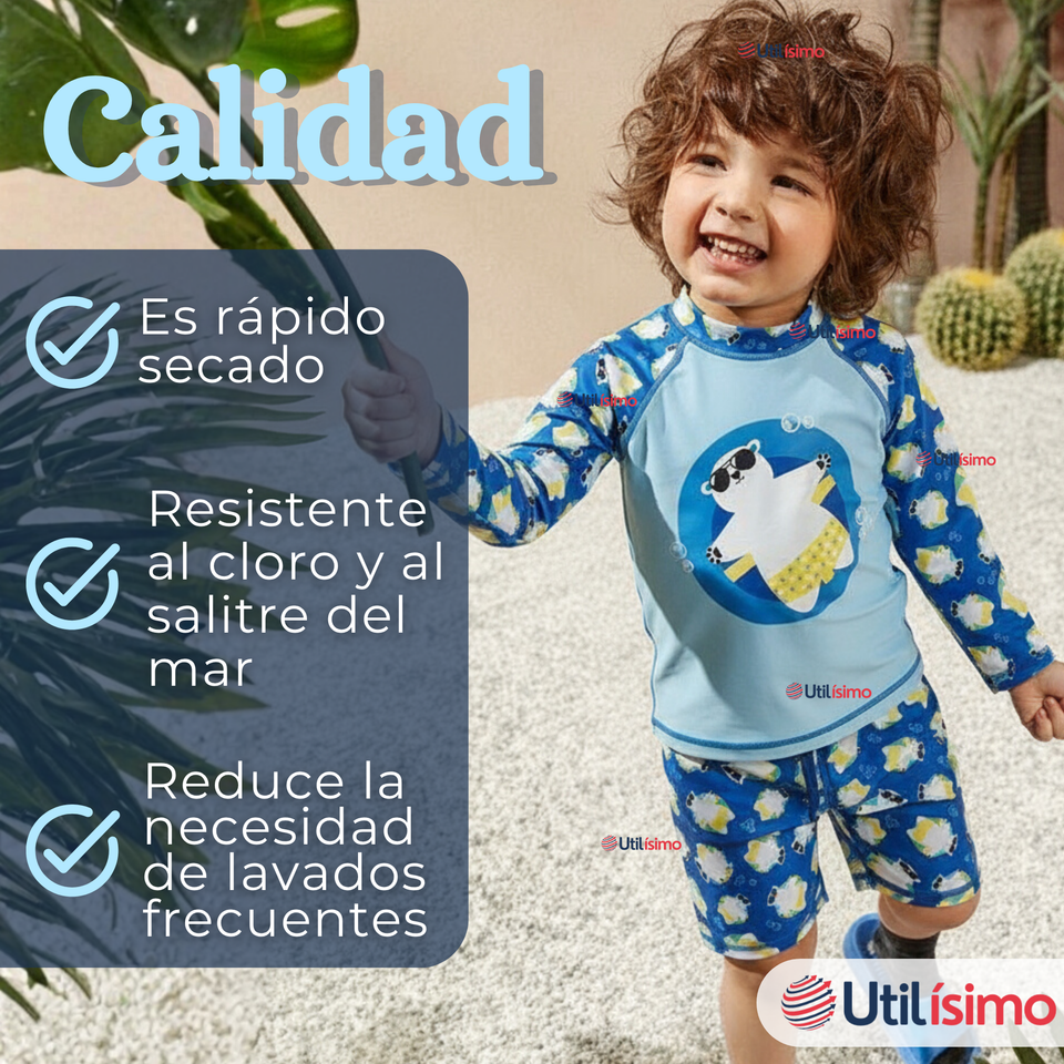 Traje de Baño Manga Larga Pantalón Corto 2 Piezas Corte Split Niño 3 a 9 años Blue Polar Bear