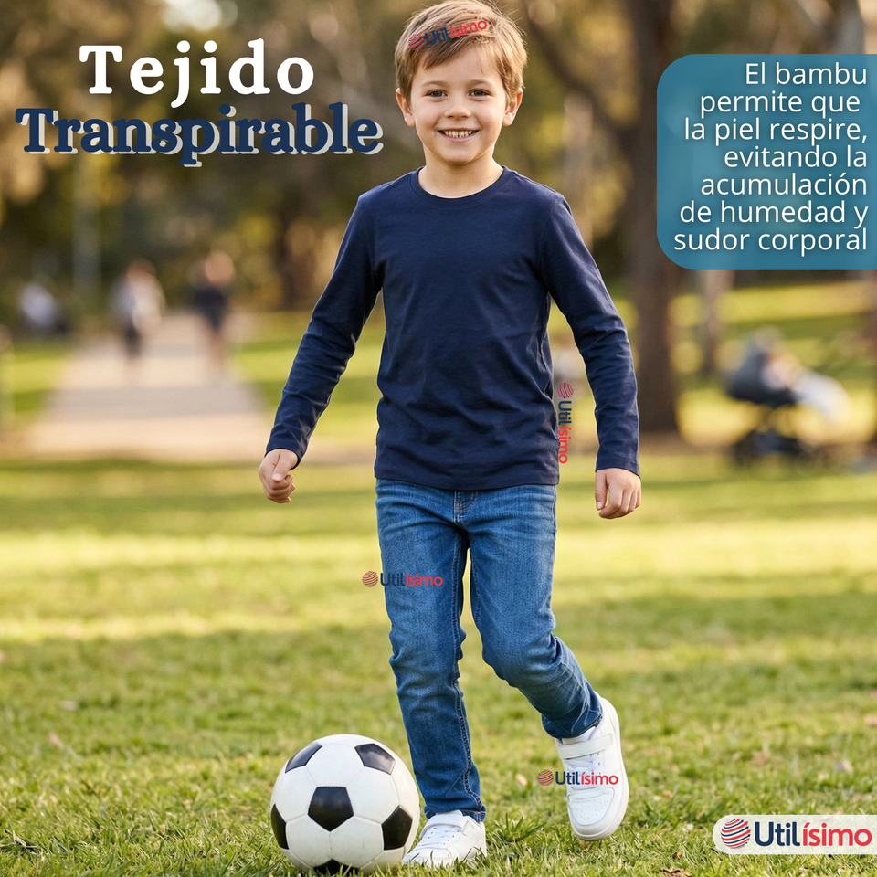 Pack 3 Poleras Camisetas Bambú Azul Oscuro Cuello Redondo Primera Capa Manga Larga Niño
