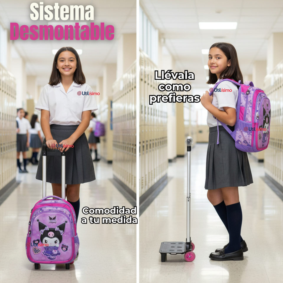 Mochila Kuromi Escolar Con Ruedas + Estuche + Lonchera Desmontable Poliéster Lila Niña