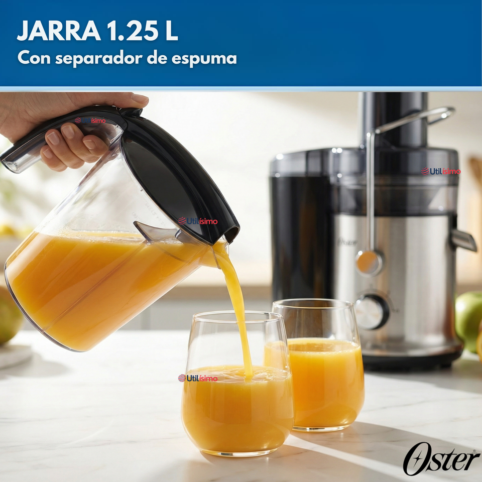 Oster® Extractor de Jugos, con 2 Velocidades + Pulso, y Fácil de Limpiar, Negro y Plateado, FPSTJE320S