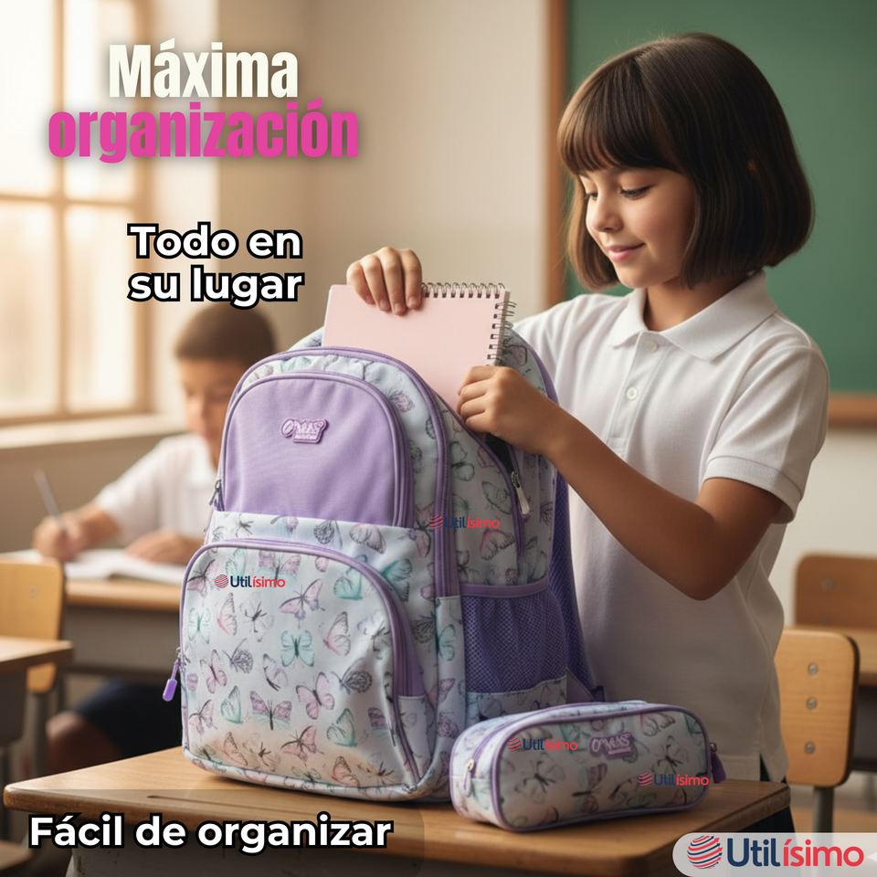Mochila Escolar Kit Con Estuche y Lonchera 43cm Tela Oxford Niña
