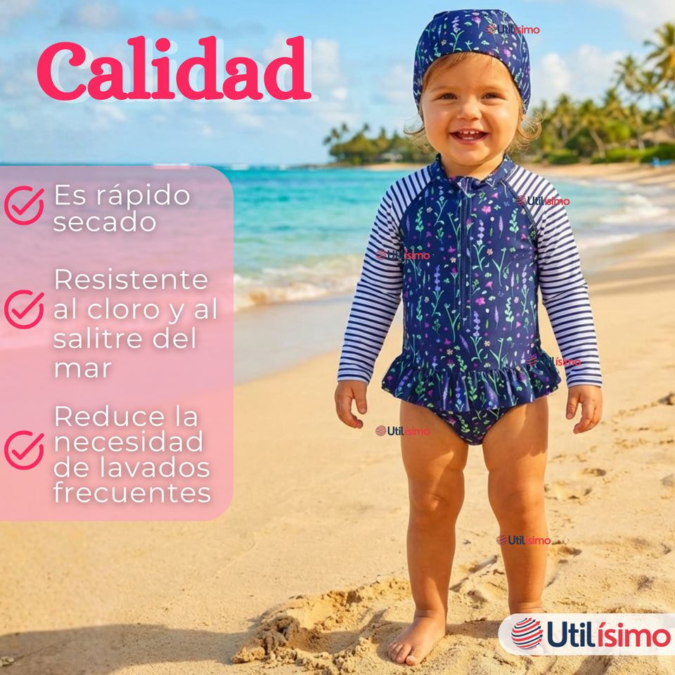 Traje de Baño Enterito Cremallera Manga Larga Con Gorro Niña 1 a 8 años Blue Flowers