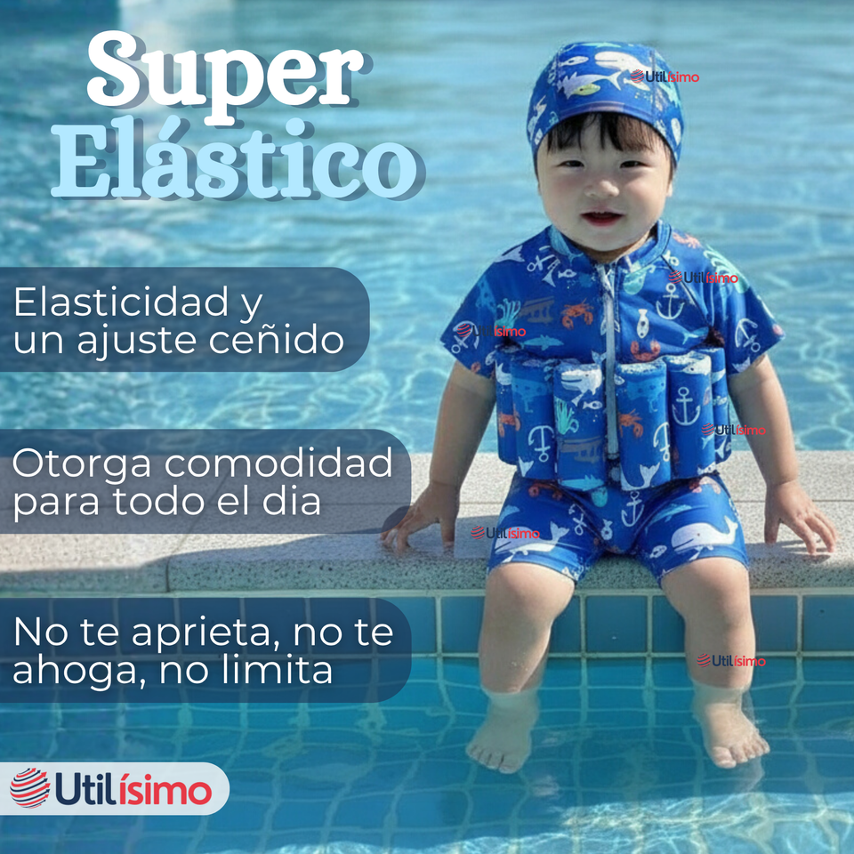 Traje de Baño Flotador Enterito Con Gorro Niño 2 Piezas 9 a 36 Meses Blue Sea