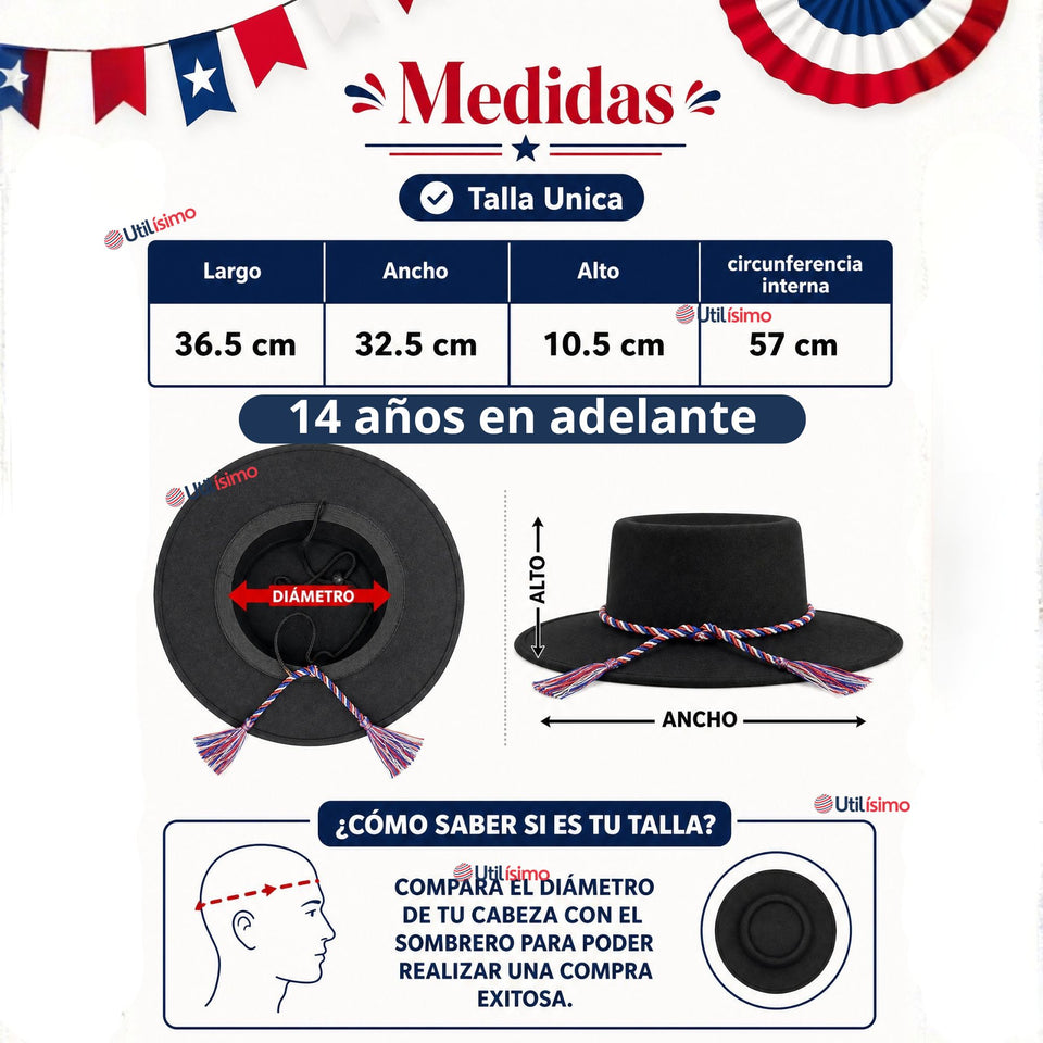 Sombrero Huaso Negro Tradicional Bandera Chile Fiestas Patrias