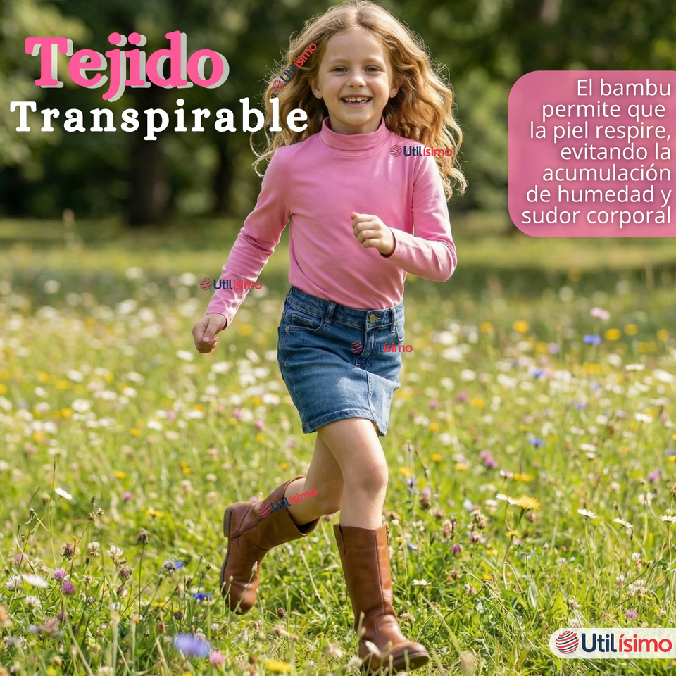 Pack 3 Poleras Camisetas Bambú Rosadas Cuello Beatle Primera Capa Manga Larga Niña